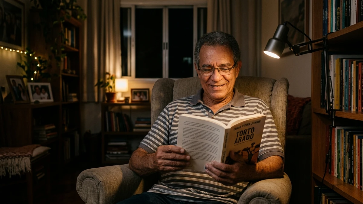 Pessoa de 55 a 70 anos lendo confortavelmente na poltrona com luminária de leitura de foco direcionado iluminando o livro aberto em ambiente suavemente iluminado