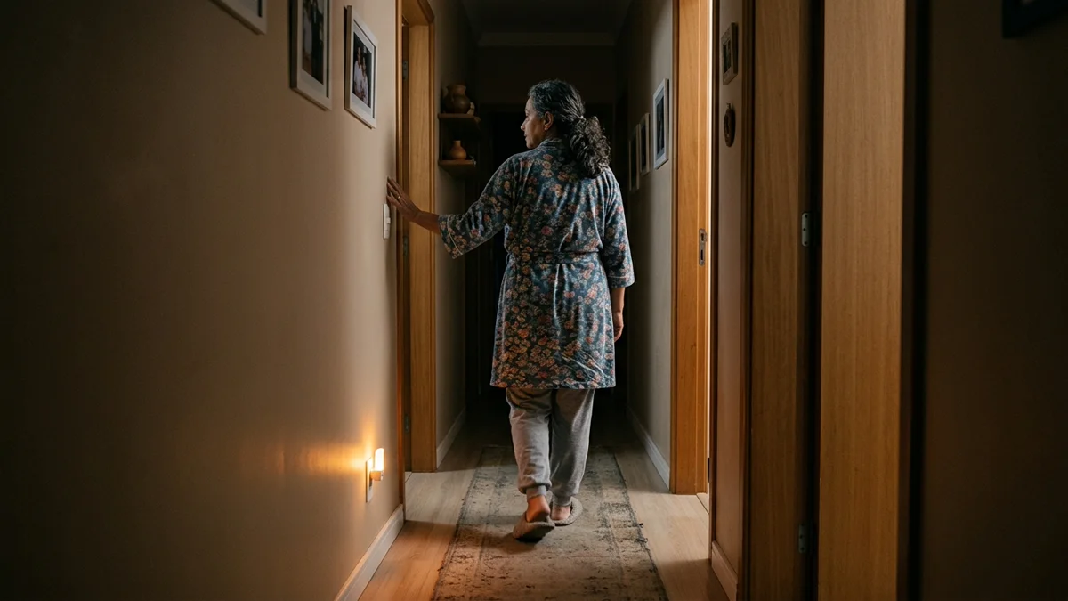 Pessoa de 55 a 70 anos caminhando de chinelo por um corredor à noite, guiada pela luz suave e baixa de uma luminária com sensor acesa próxima ao rodapé